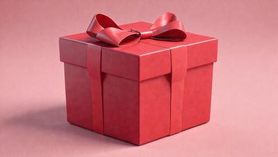 The primary subject of the image is a red box with a red bow on top. The setting is a pink background, which adds a contrasting color to the scene. The visual style is a close-up of the box, showcasing its details. The colors and mood of the image are predominantly red, creating a warm and festive atmosphere.